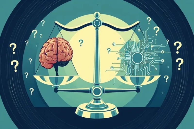 Ilustración vectorial de balanzas legales equilibrando un cerebro humano y un circuito electrónico, rodeados de símbolos de derechos de autor y código digital.