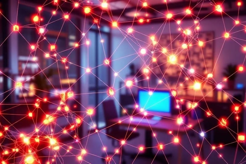 Renderizado 3D de una red interconectada de nodos y líneas brillantes que forman una representación estilizada de los derechos de propiedad intelectual.