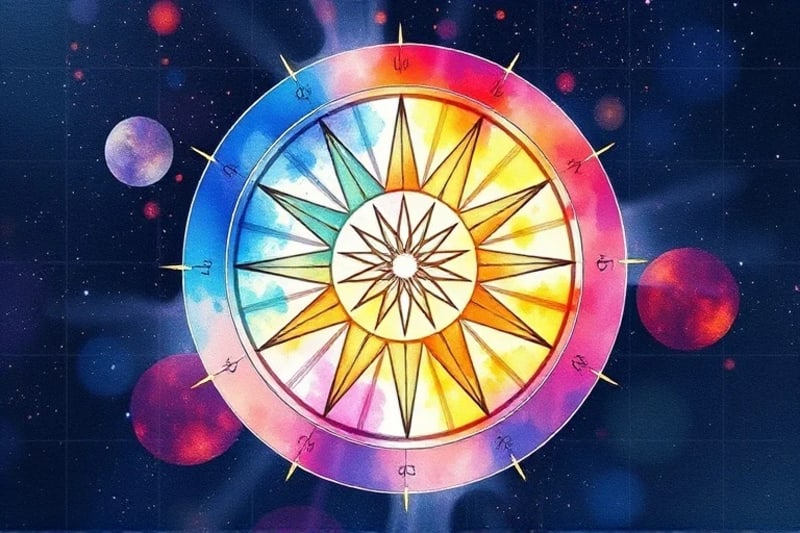 Watercolor illustration of twelve zodiac signs in a harmonious circle, each with distinct colors and emotional expressions.