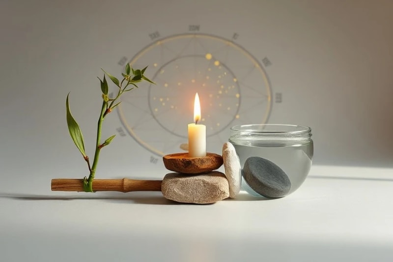 Bodegón conceptual que representa los cinco elementos chinos: una rama de bambú (Madera), una vela encendida (Fuego), una roca pulida (Tierra), una pieza de metal brillante (Metal) y un cuenco de agua serena (Agua), dispuestos armónicamente sobre una superficie minimalista con luz suave.