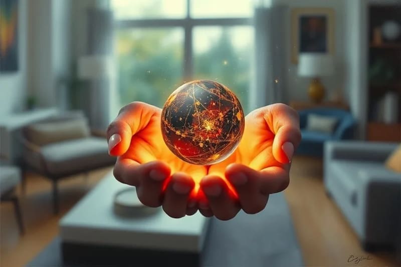 Hands holding a glowing orb projecting a miniature star chart, symbolizing daily horoscope guidance and self-regulation in a home setting.