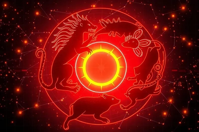Composición abstracta que representa la sinergia de un equipo, con siluetas estilizadas de diferentes animales del zodiaco chino (mono, dragón, buey, rata) entrelazándose armoniosamente en un engranaje de colores vibrantes, simbolizando colaboración y movimiento, sobre un fondo tecnológico y futurista.