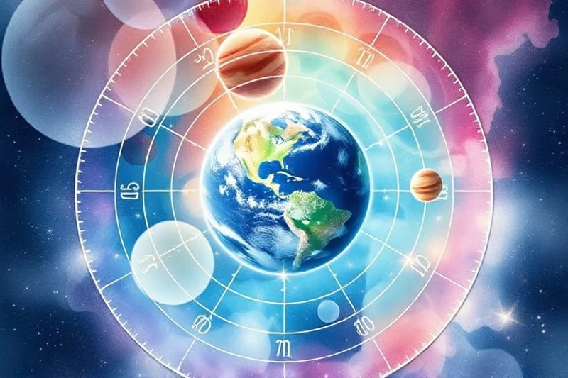 Ilustración acuarela de la Tierra rodeada de ciclos planetarios