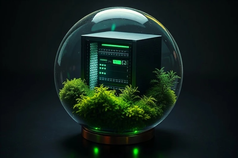 Render 3D de un servidor miniatura optimizado con elementos biófilos, representando la eficiencia y sostenibilidad en la infraestructura de datos.