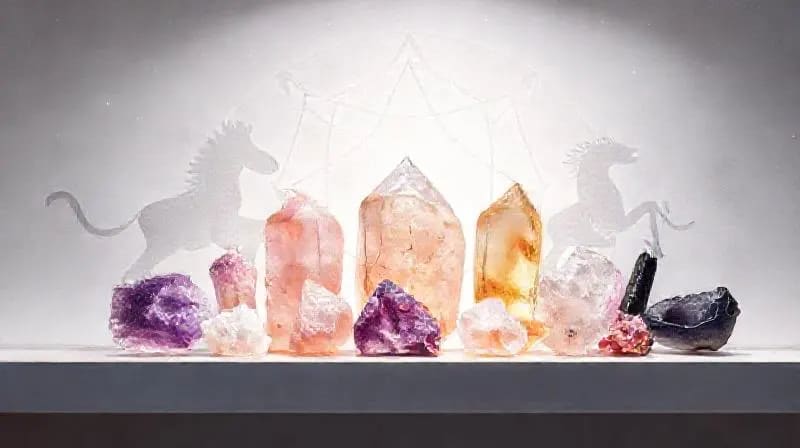 Watercolor painting of various raw and polished crystals like Amethyst, Rose Quartz, and Citrine, with subtle ethereal Chinese Zodiac animal outlines in the background