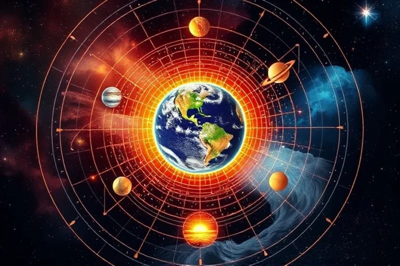 Ilustración digital de un sistema solar estilizado, con líneas de energía conectando los planetas exteriores a la Tierra, mostrando su influencia en patrones climáticos.