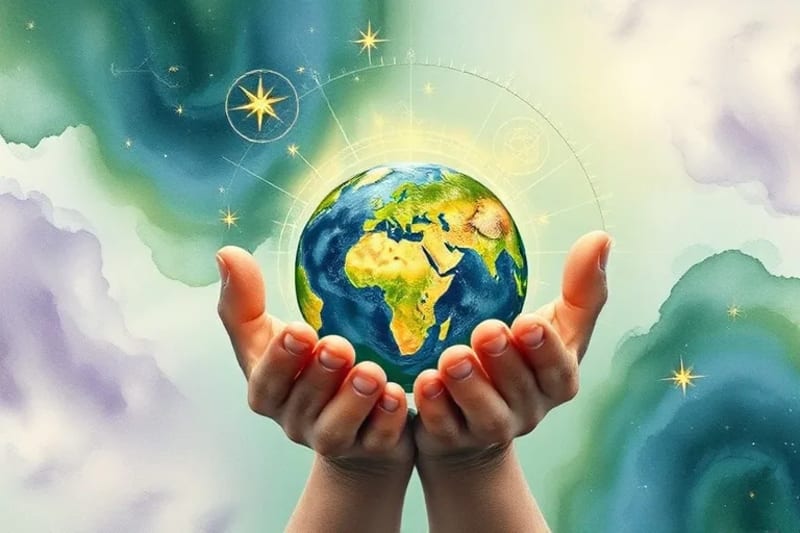 Pintura abstracta en acuarela de manos humanas protegiendo una pequeña Tierra verde, con símbolos planetarios sutiles y colores orgánicos, representando la conciencia ecológica.