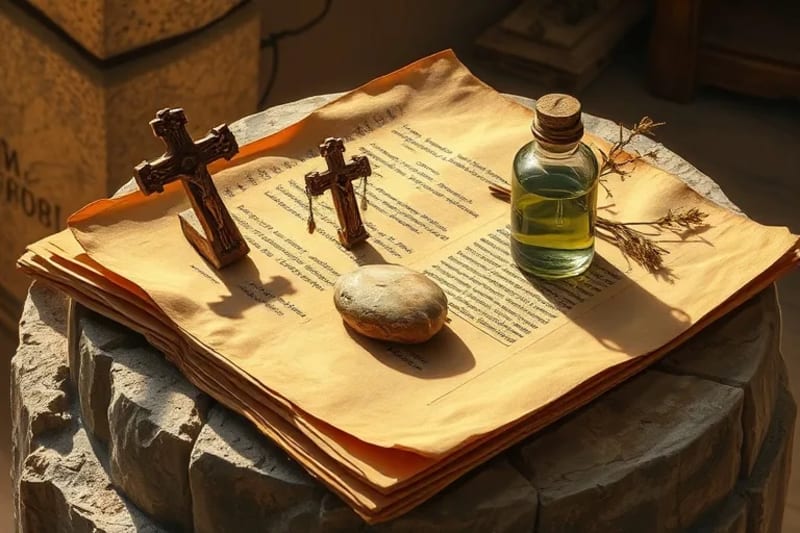 Bodegón de objetos sagrados del desierto: crucifijo de madera, piedra de oración, vial de agua bendita y hierbas secas sobre pergamino antiguo.