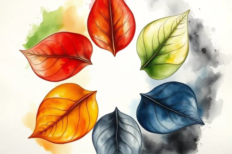 Watercolor painting of five elemental tea leaves in a circle