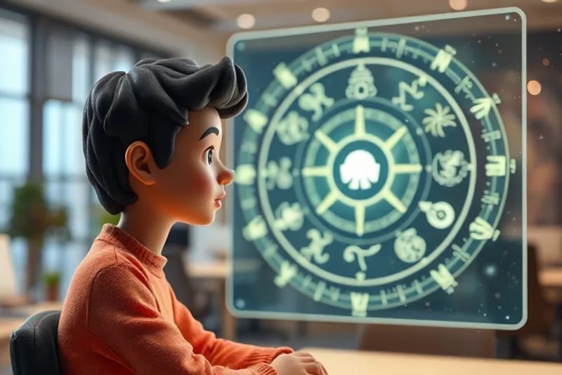 Persona interactuando con una interfaz holográfica que muestra datos astrológicos y proyecciones de carrera