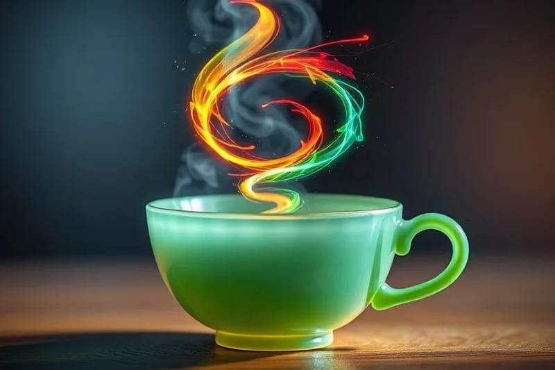 3D render of elemental energy flowing into a jade teacup