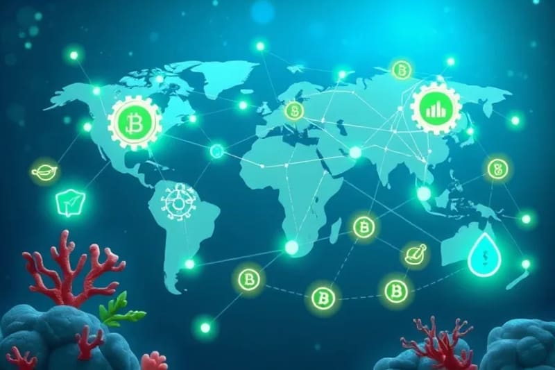 Red global estilizada conectando ecosistemas marinos con símbolos económicos y de sostenibilidad