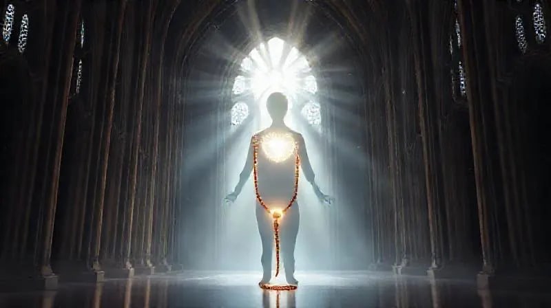 Silueta humana estilizada con cerebro y corazón luminosos conectados por luz, rodeada por un rosario flotante en un entorno cósmico sereno.