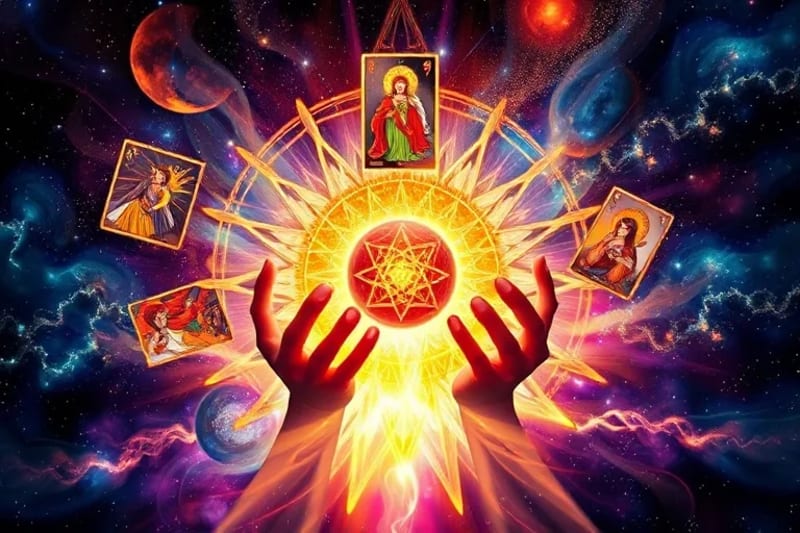 Digital painting of Tarot cards converging into a glowing orb, symbolizing intention