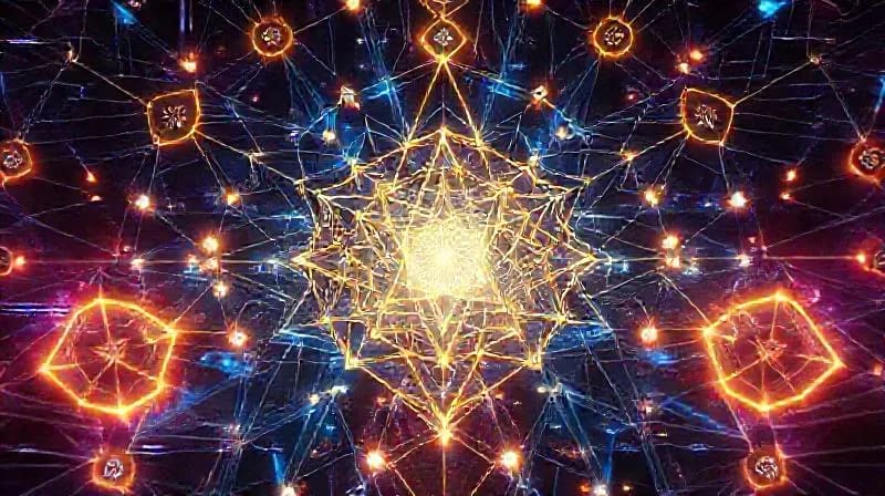 Abstract 3D render of glowing geometric shapes and Tarot symbols, representing manifested outcomes