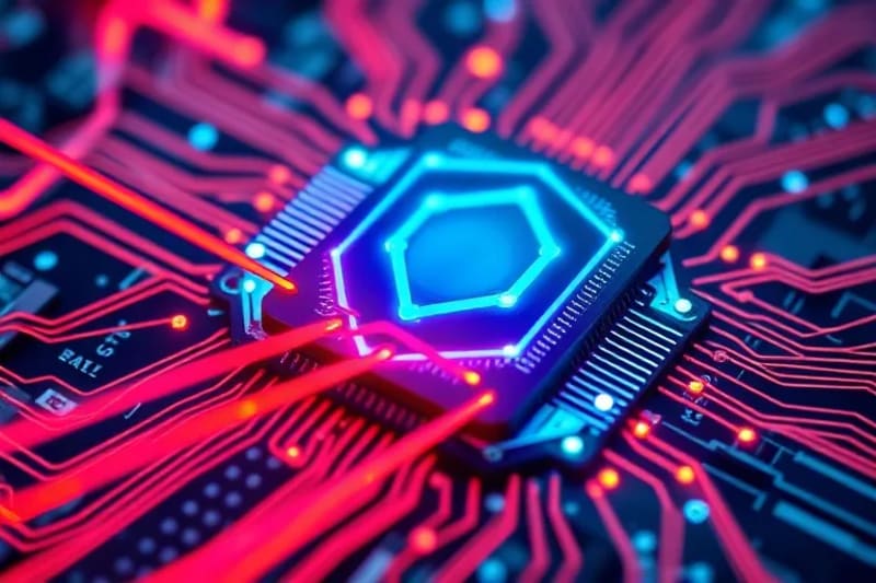 Representación abstracta de ciberataques cuánticos intentando penetrar defensas digitales, con líneas angulares y colores contrastantes.