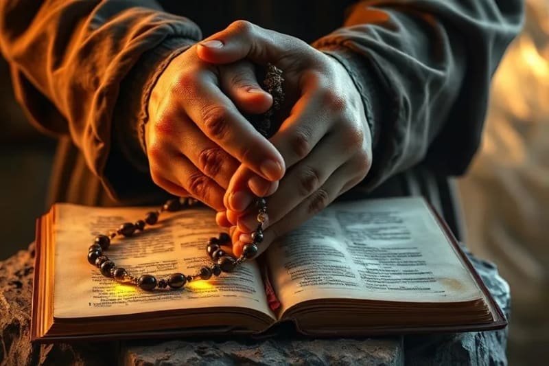 Manos en oración con rosario