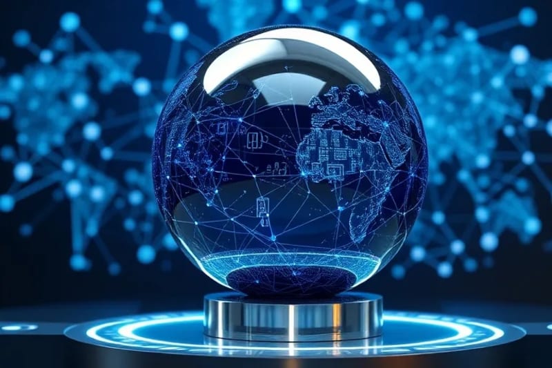 Representación 3D de una bóveda de datos segura con circuitos cuánticos y un mapa holográfico de una red energética, simbolizando protección avanzada.