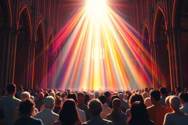 Comunidad en oración con luz divina