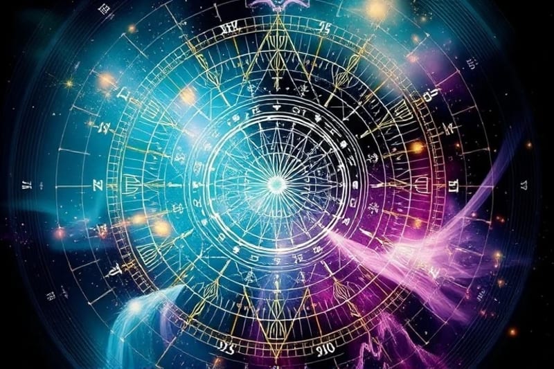 Abstract digital painting of human aura with geometric natal chart patterns