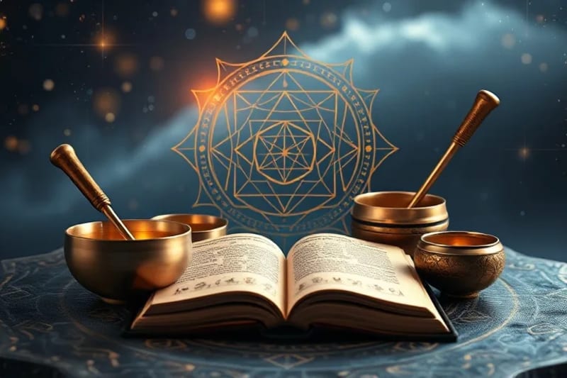 Conceptual 3D render of sound healing instruments around an astrological book