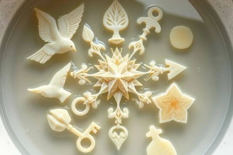 Various solidified wax shapes floating in water, suggesting different symbols.
