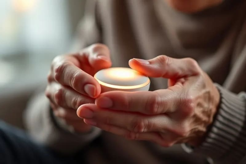 Manos de anciano sosteniendo dispositivo inteligente con luz suave, enfoque en interacción táctil
