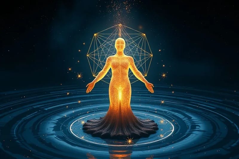 An abstract, glowing wax figure emerging from darkness, symbolizing revealed knowledge.
