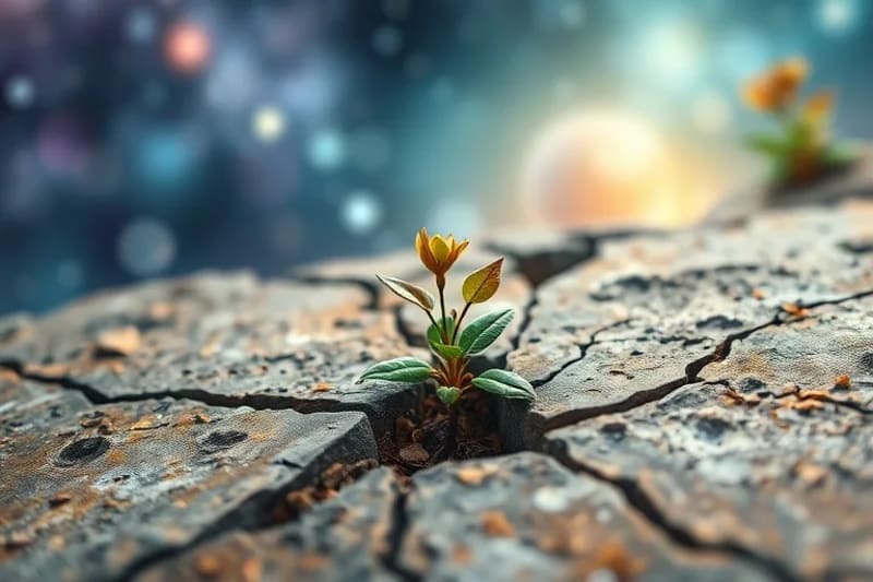 Planta creciendo a través de grietas en una roca bajo luz cósmica