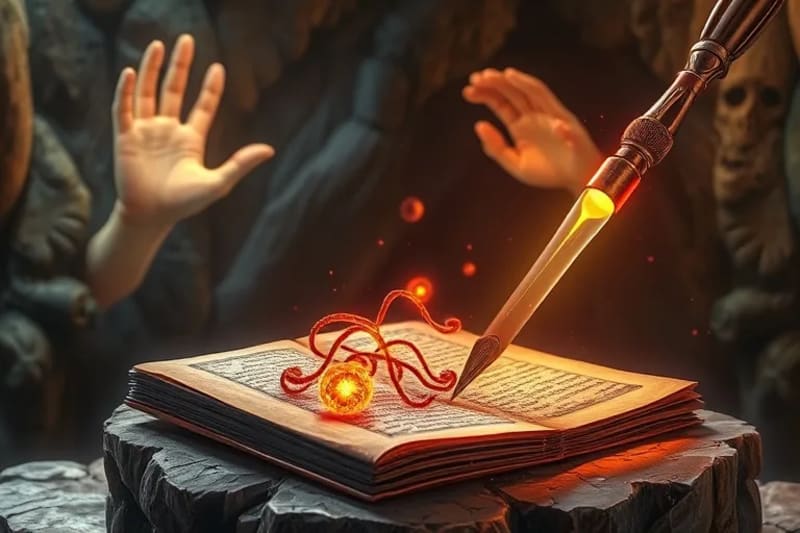 Representación digital de células humanas siendo manipuladas con herramientas etéreas y luminosas, supervisadas por una luz divina, simbolizando la intervención genética.