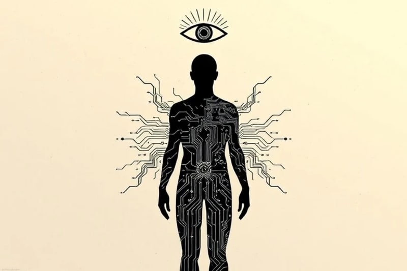 Silueta humana fusionándose con circuitos y redes neuronales, bajo un símbolo antiguo, representando la tensión entre la humanidad y la tecnología.