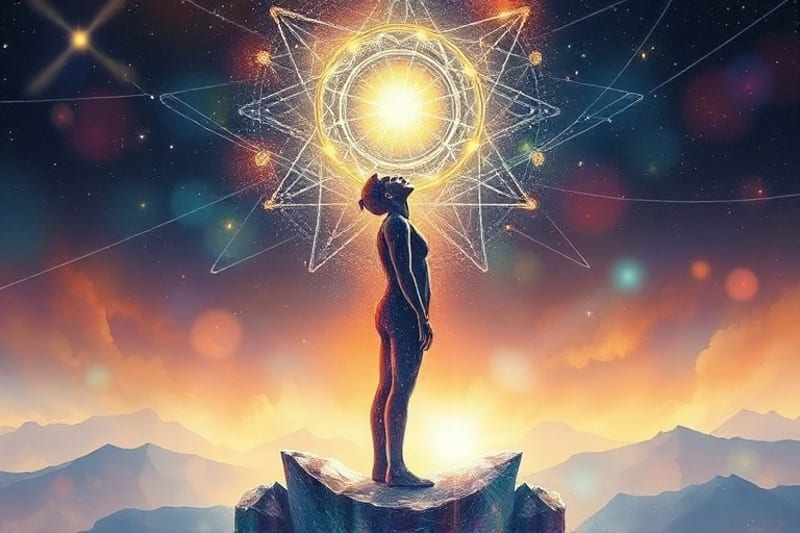 Abstract digital painting of human consciousness interacting with cosmic geometric energies.