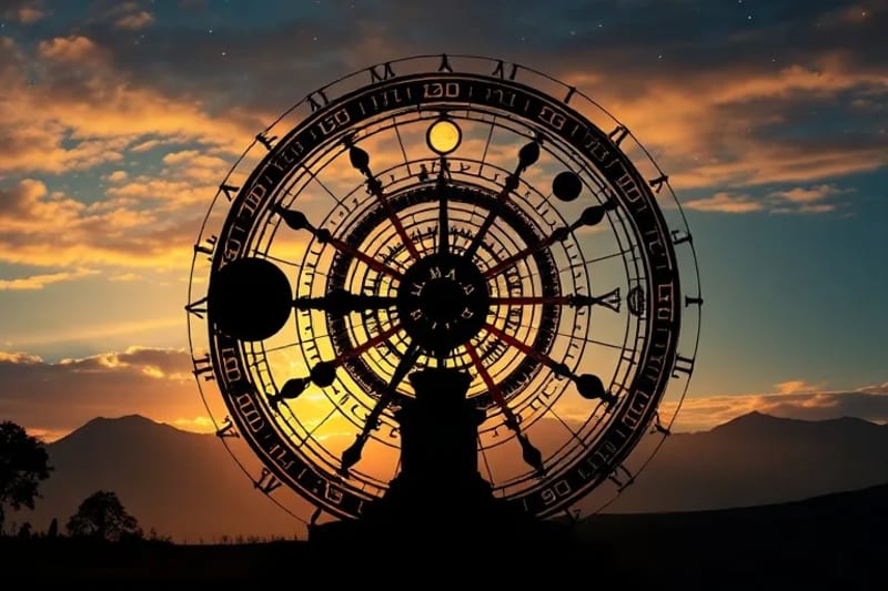 Intricate 3D render of a celestial clockwork mechanism with sacred geometric patterns.