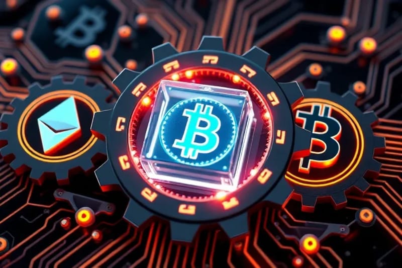 Ilustración 3D de engranajes digitales interconectados que representan los contratos inteligentes y el flujo de capital en el financiamiento descentralizado, con símbolos de criptomonedas brillando en el centro.