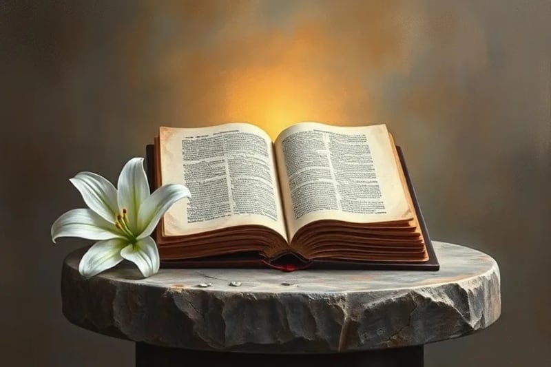 Bodegón de un libro antiguo y una azucena blanca, simbolizando la pureza del sacrificio y la sabiduría espiritual