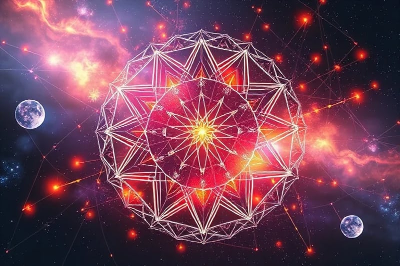Render 3D abstracto de patrones geométricos y haces de luz interconectados representando la red energética de la astrocartografía