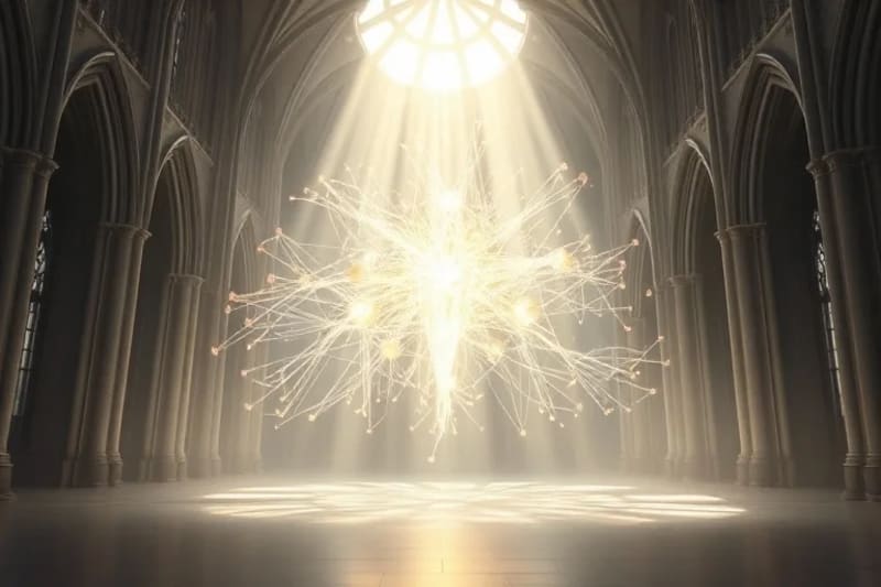 Representación abstracta de hilos luminosos interconectados, simbolizando la transformación del sufrimiento en poder redentor y la conexión espiritual