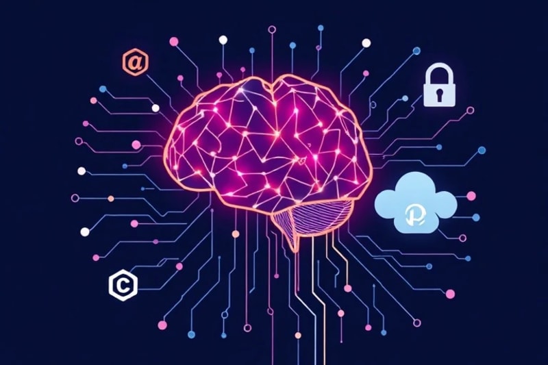 Abstract vector art showing data flow from a brain to a digital cloud, surrounded by IP symbols like copyright and patent.