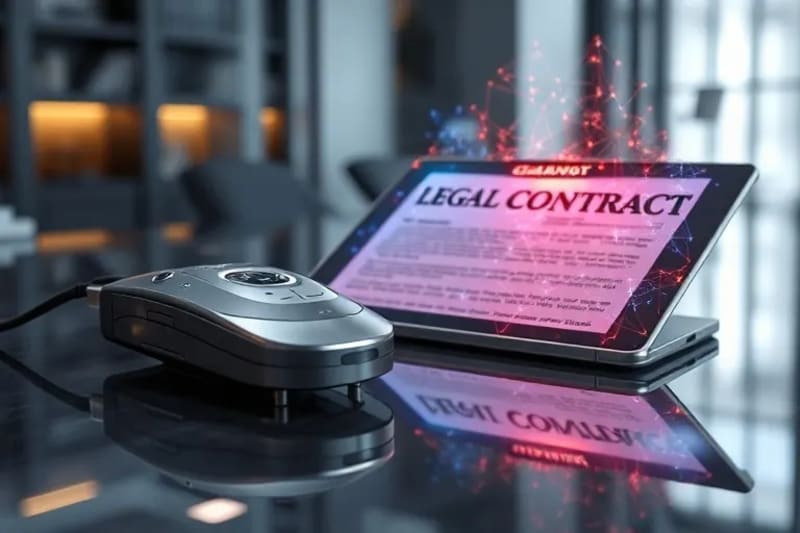 3D render of a neuro-interface device on a table next to a digital tablet displaying legal text and a holographic neural network.
