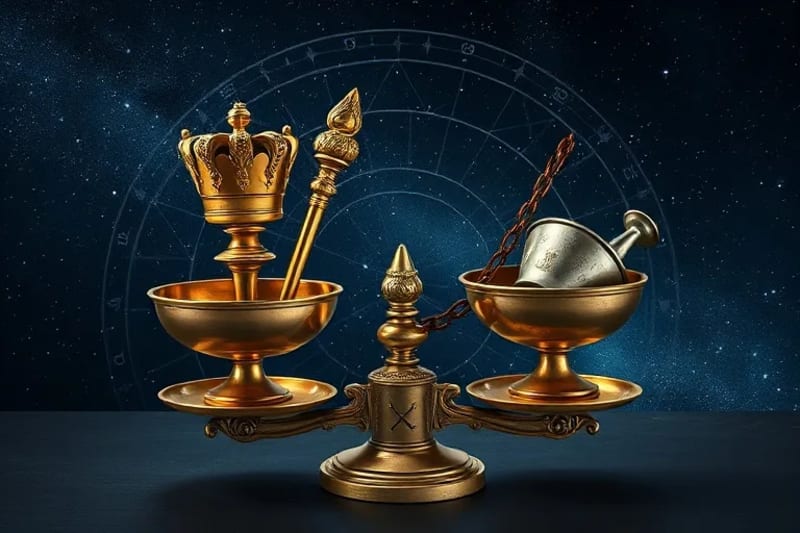 Conceptual scales balancing crown and broken chain