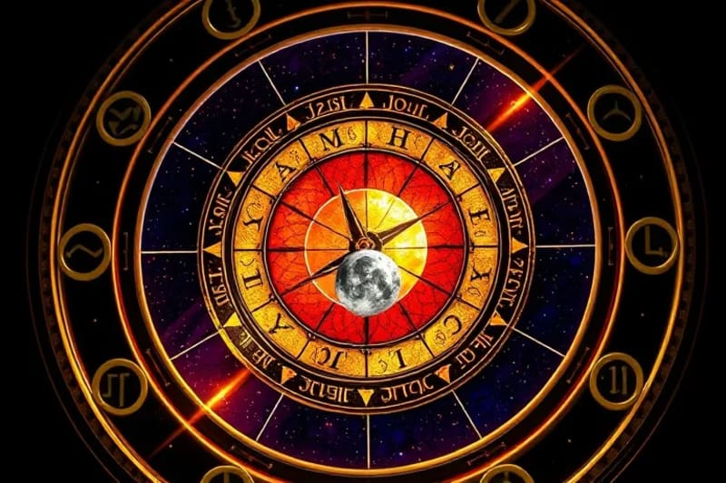 Reloj cósmico 3D con nodos lunares como marcadores de destino