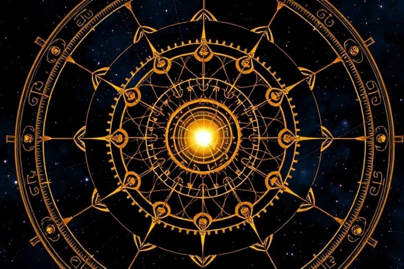 Abstract cosmic clockwork with glowing central gear