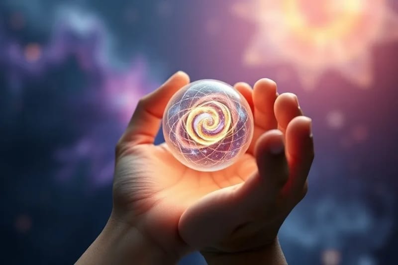 Manos sosteniendo una esfera brillante que proyecta una galaxia, simbolizando la intrincada orquestación divina y el destino.