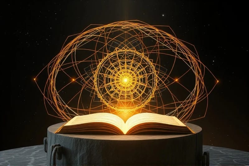 Representación abstracta de hilos dorados entrelazados que forman patrones complejos y convergen en puntos luminosos, simbolizando el destino y las sincronicidades.