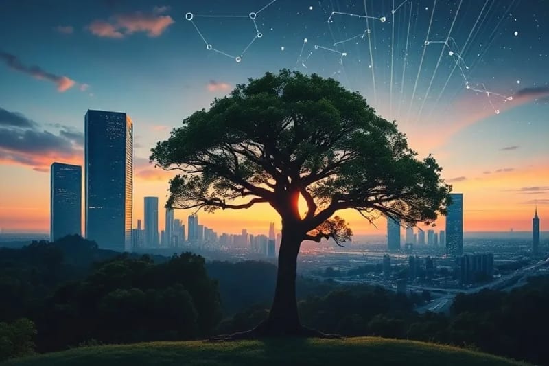 Oil painting of futuristic cityscape with a tree intertwining with digital roots