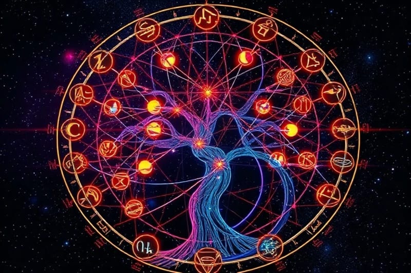 Mapa celestial intrincado donde los 22 senderos del Árbol de la Vida son canales de energía luminosa que conectan constelaciones y esferas planetarias, con letras hebreas sutilmente integradas.