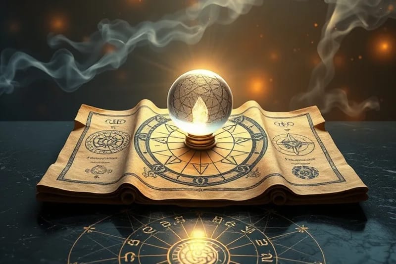 Bodegón conceptual con pergaminos antiguos inscritos con símbolos kabbalísticos y glifos astrológicos sobre un altar de obsidiana, con un orbe de cristal brillante que ilumina los símbolos, representando la manifestación divina.