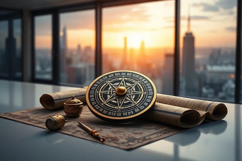 A still-life of traditional geomancy tools like a Luo Pan and ancient scrolls on a modern desk, with a city skyline visible in the background.