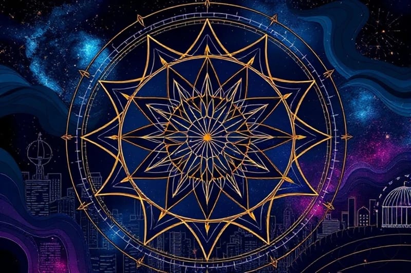 Abstract art depicting geometric shapes and flowing lines in blues, purples, and golds, subtly forming a city grid, symbolizing cosmic influence.