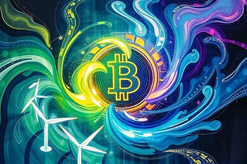 Pintura digital abstracta de patrones de luz y color que fluyen desde un símbolo de blockchain hacia elementos de energía renovable y comunidad.